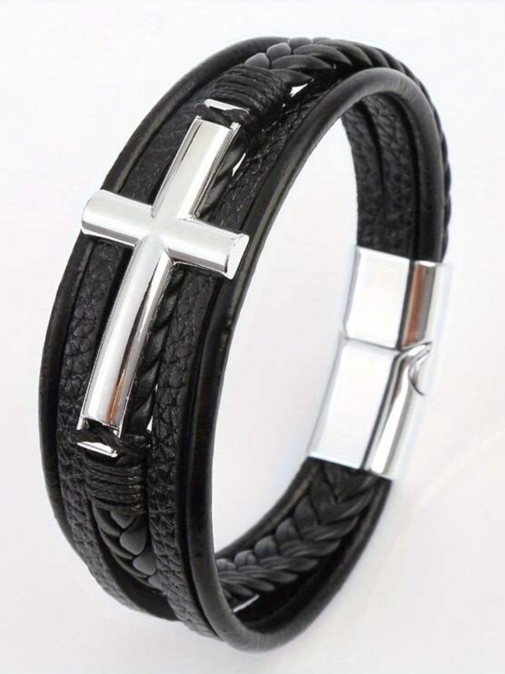 Black Leather Cross Bracelet with Silver Accent, Braided Faux Leather Bracelet